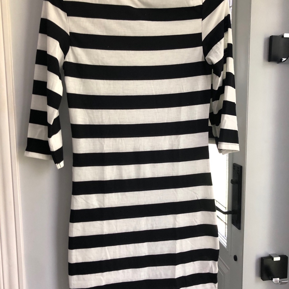 Striped Black and White Midi Dress - Classic Boatneck Style